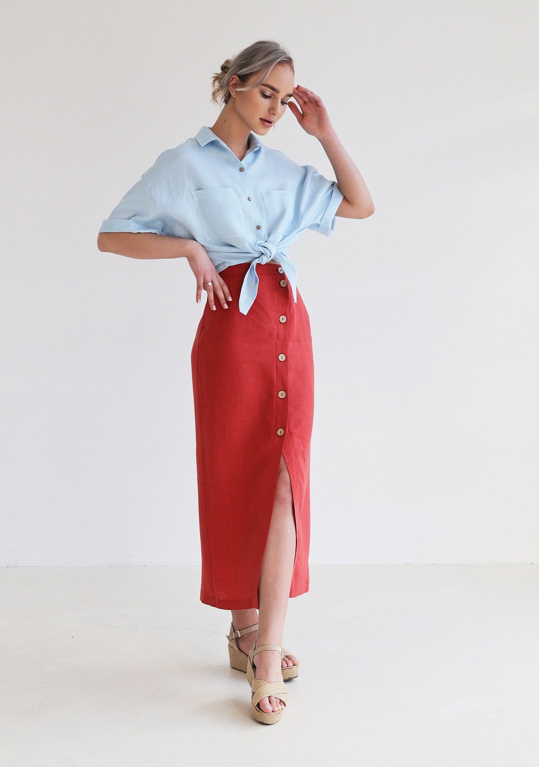 Button Front Straight Cut Skirt CYBILE, Long Linen Skirt for