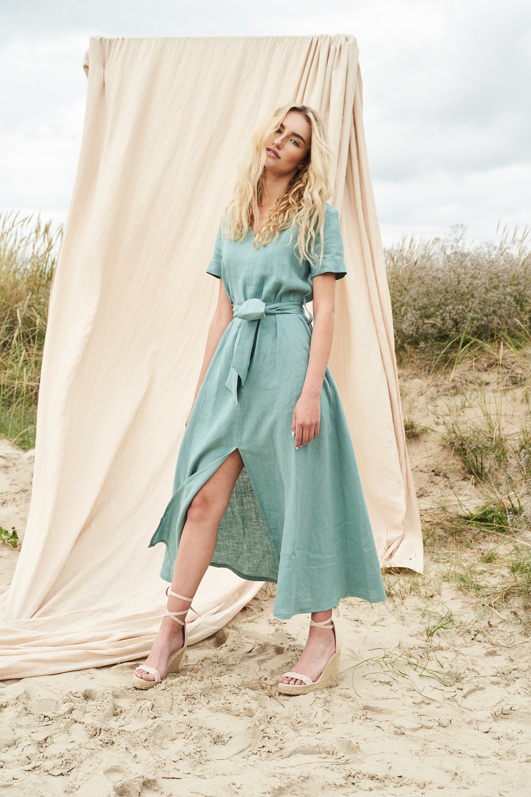 パーティードレス Viviene V-Neck with Rope Trim Dress Linen V Neck Dress VIVIEN, Long Linen Dress With Belt, A