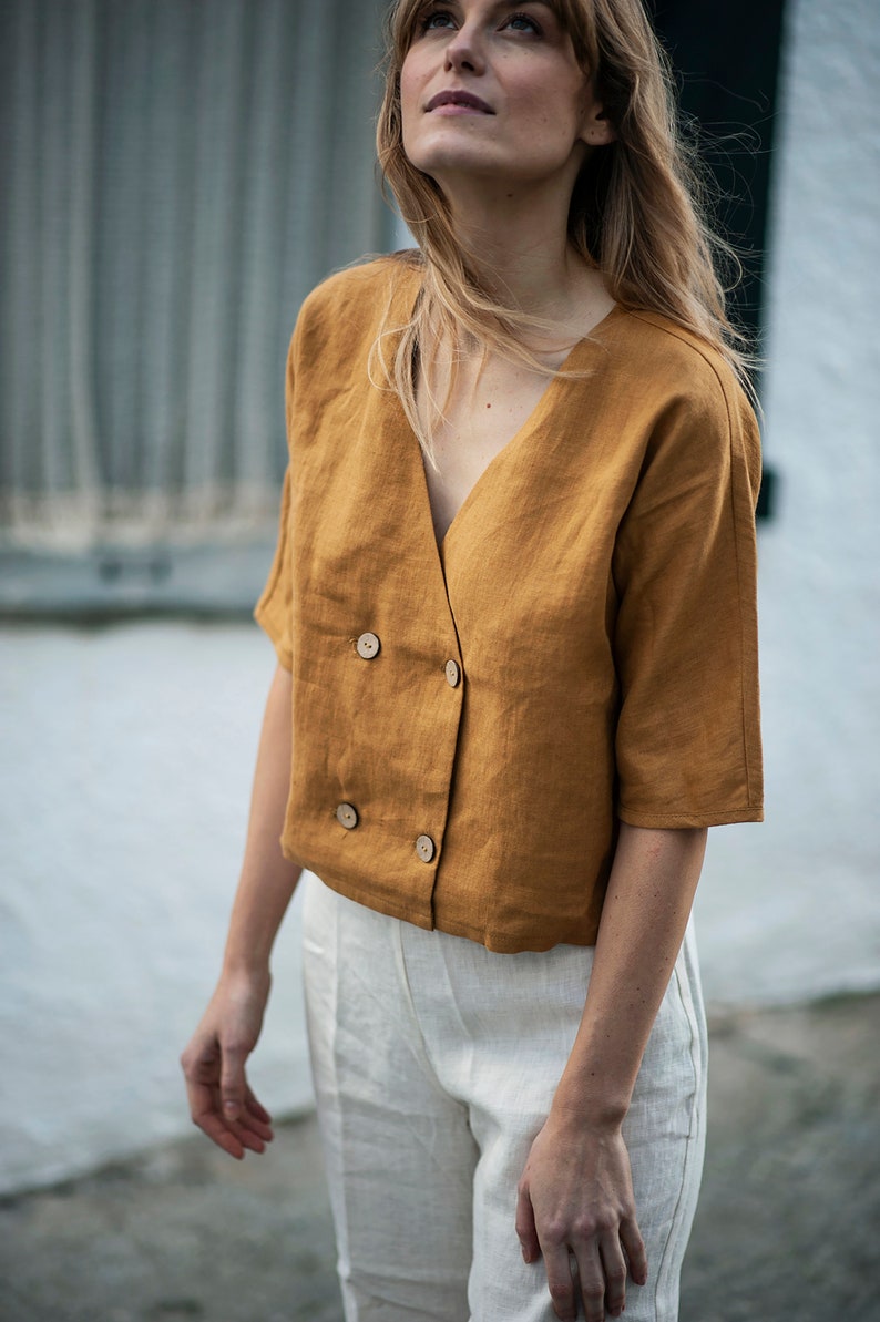 Double breasted linen blouse WILLA, Linen top short sleeves, Linen blouse, Linen crop top, Linen top with buttons, Linen top women Mustard