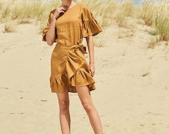 Ruffle Linen Wrap Dress: Mini Summer Dress With Belt CHERYL
