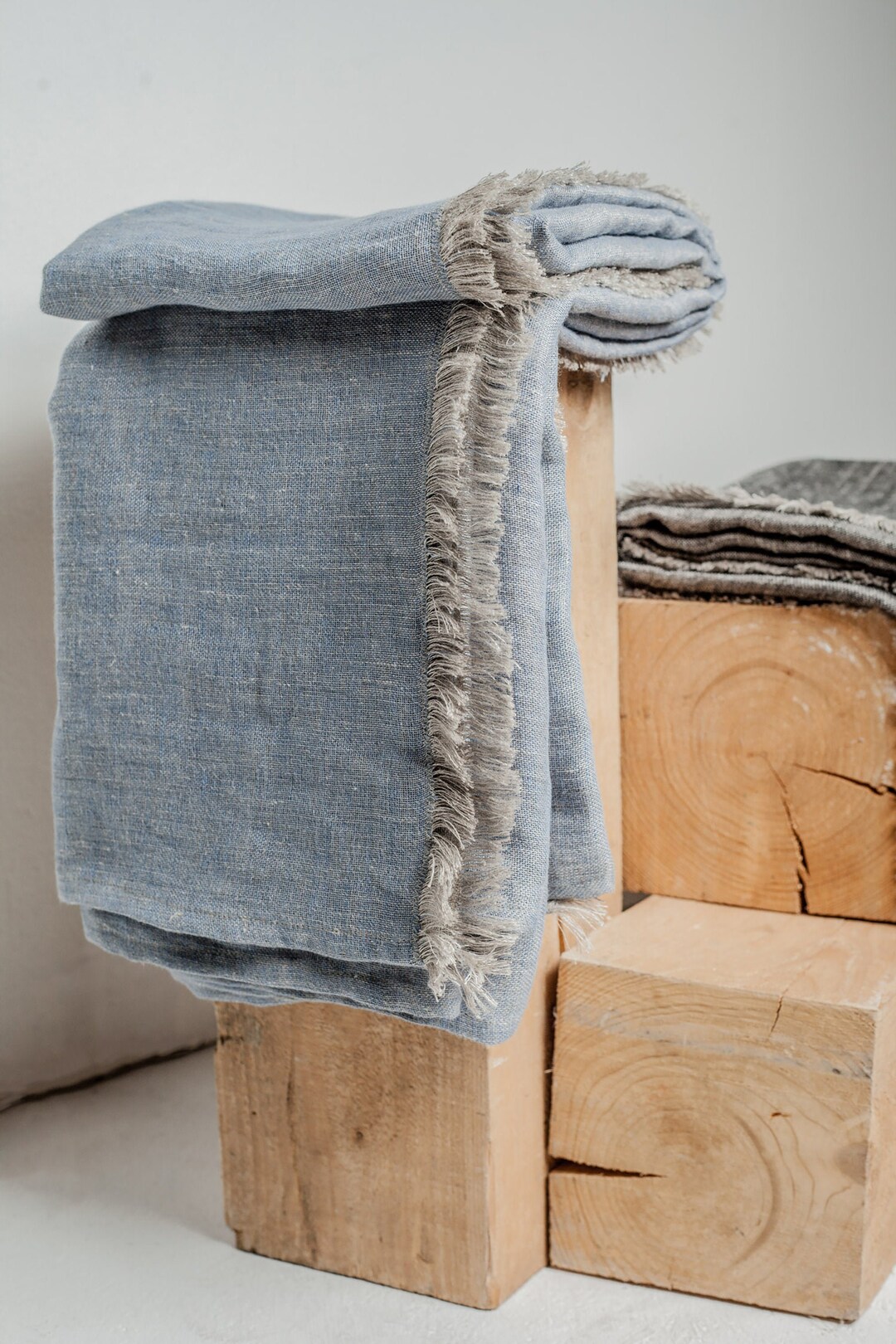 Bluish Gray Softened Linen Throw, Linen Throw Blanket, Grey Throw
