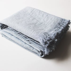 Bluish grey softened linen throw, Linen throw blanket, Light grey throw, Fringed throw blanket, Soft linen throws and blankets Bluish Gray