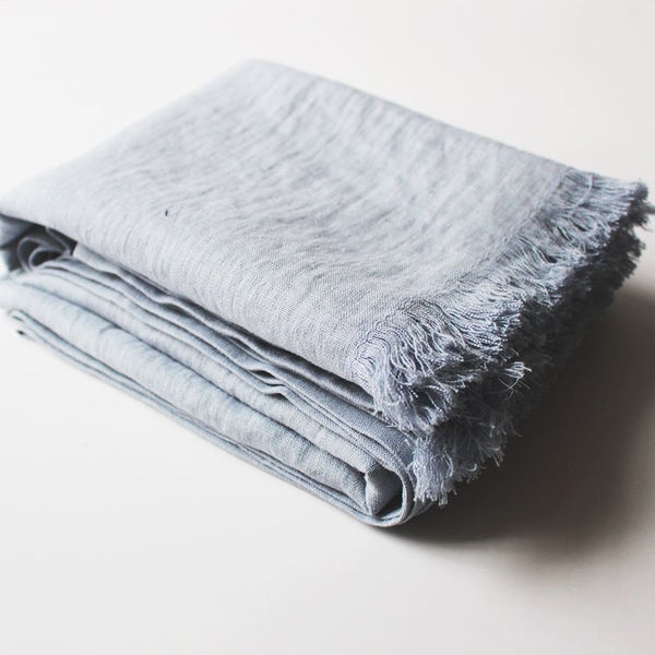 Bluish grey softened linen throw, Linen throw blanket, Light grey throw, Fringed throw blanket, Soft linen throws and blankets