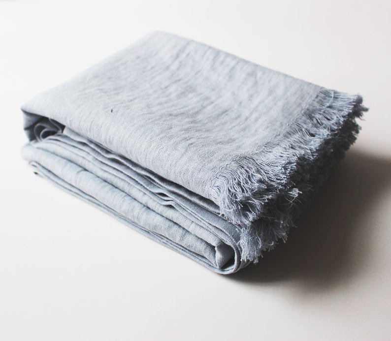 Bluish grey softened linen throw, Linen throw blanket, Light grey throw, Fringed throw blanket, Soft linen throws and blankets Bluish Gray