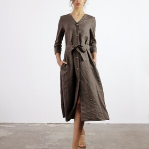 Linen Button Down Dress SANTANA: Long Sleeve Maxi with Belt & Pockets image 5