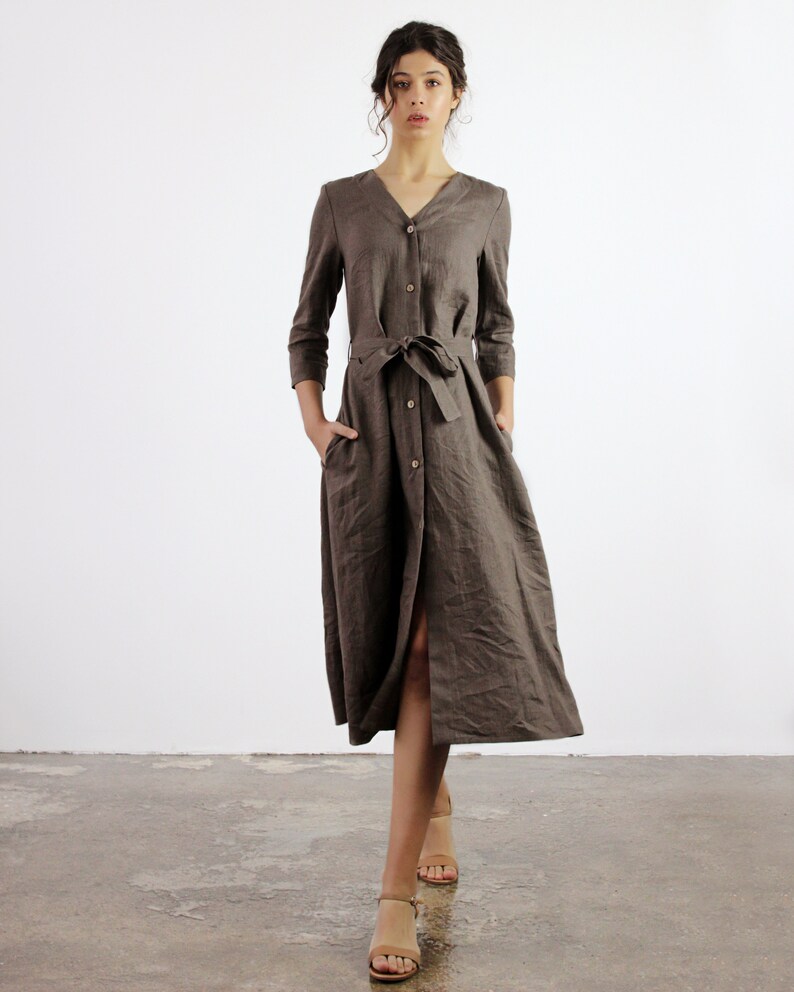 Linen Button Down Dress SANTANA: Long Sleeve Maxi with Belt & Pockets image 5