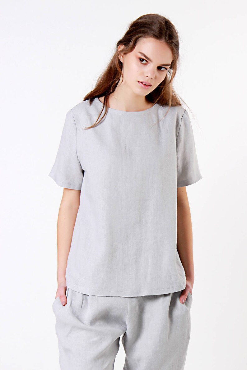 Linen shirt YUNA, 27 colors, Linen shirt short sleeves, Casual linen shirt, Loose linen top, Natural linen shirt, Grey linen top image 1