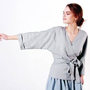 Linen wrap top ROMA, Linen blouse, Linen tops for woman, Linen wrap kimono blouse, Wrap linen clothing, Elbow sleeves linen blouse image 7