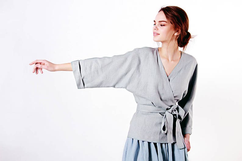 Linen wrap top ROMA, Linen blouse, Linen tops for woman, Linen wrap kimono blouse, Wrap linen clothing, Elbow sleeves linen blouse image 7