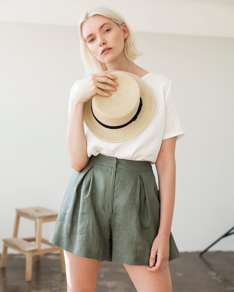 Linen shorts AGNES, Linen shorts for woman, Laundered linen shorts, Linen shorts skirt, Green moss linen shorts for woman, High waist shorts 