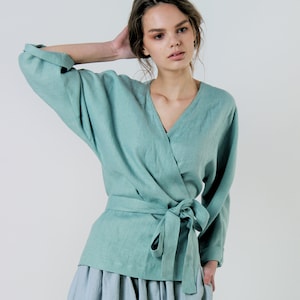 Linen wrap top ROMA, Linen blouse, Linen tops for woman, Linen wrap kimono blouse, Wrap linen clothing, Elbow sleeves linen blouse image 1