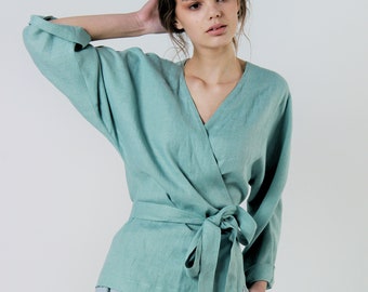 Linen wrap top ROMA, Linen blouse, Linen tops for woman, Linen wrap kimono blouse, Wrap linen clothing, Elbow sleeves linen blouse