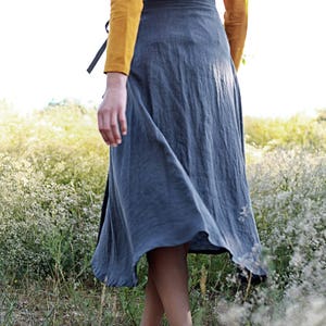 Linen wrap skirt FRIDA, Calf length linen skirt, A line wrap skirt, Bluish gray linen skirt, Long linen skirt for woman image 6