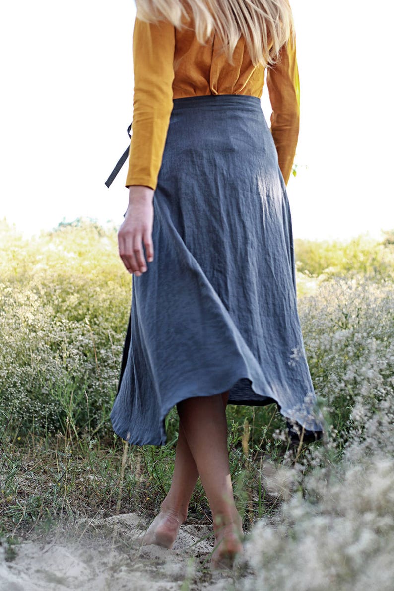 Linen wrap skirt FRIDA, Calf length linen skirt, A line wrap skirt, Charcoal linen skirt, Long linen skirt for woman image 3