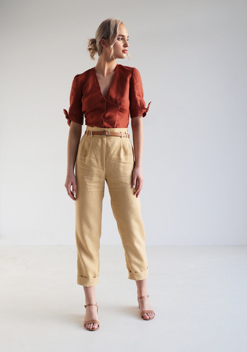 High waisted linen pants CHICAGO, Tapered linen pants, Linen pants for woman, Linen pants folded at the bottom, Vintage inspired pants image 3