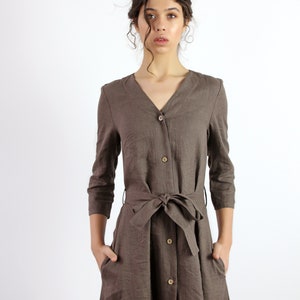 Linen Button Down Dress SANTANA: Long Sleeve Maxi with Belt & Pockets image 2