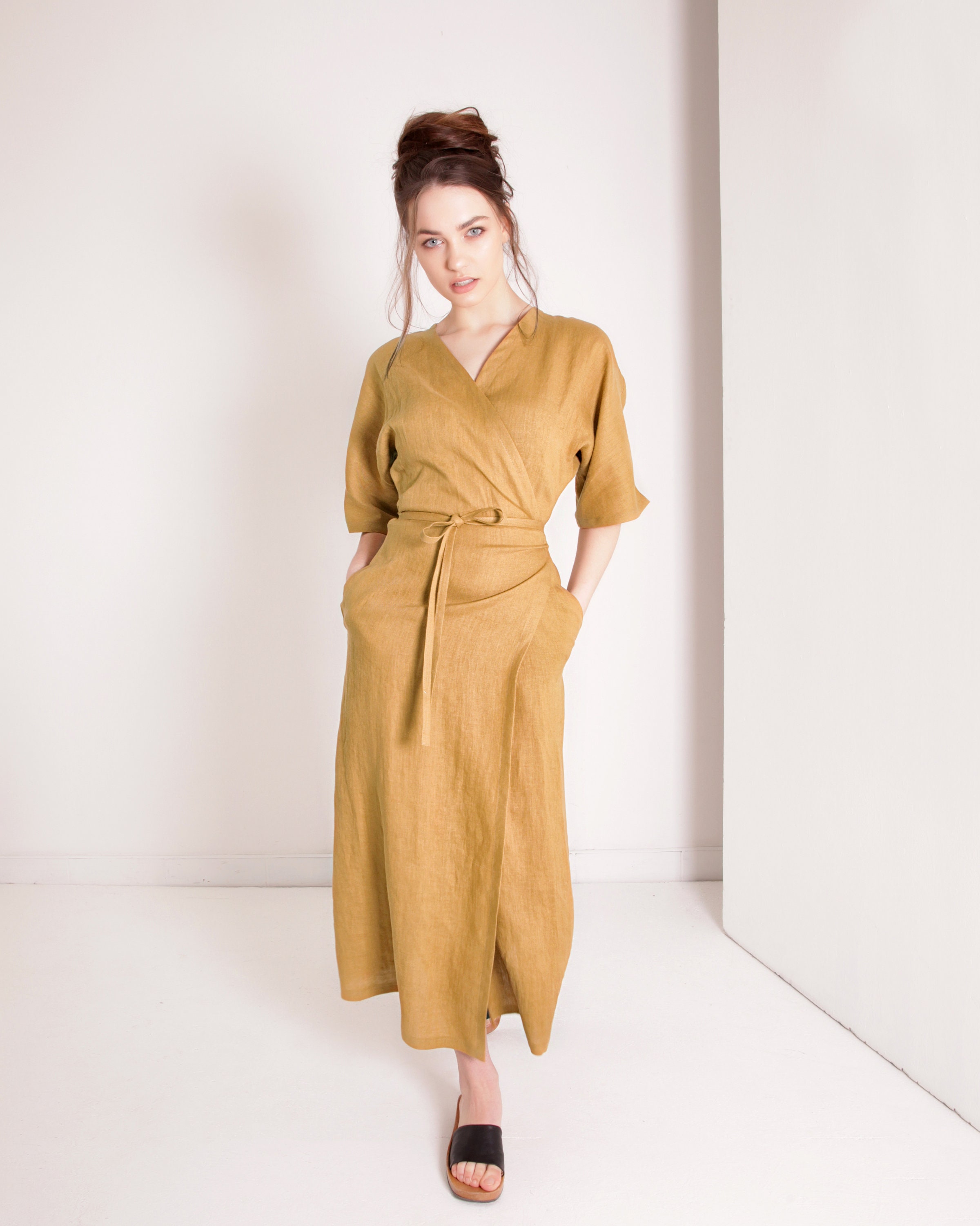 Long Linen Dress Linen Wrap Dress Linen Kimono Dress Linen | Etsy