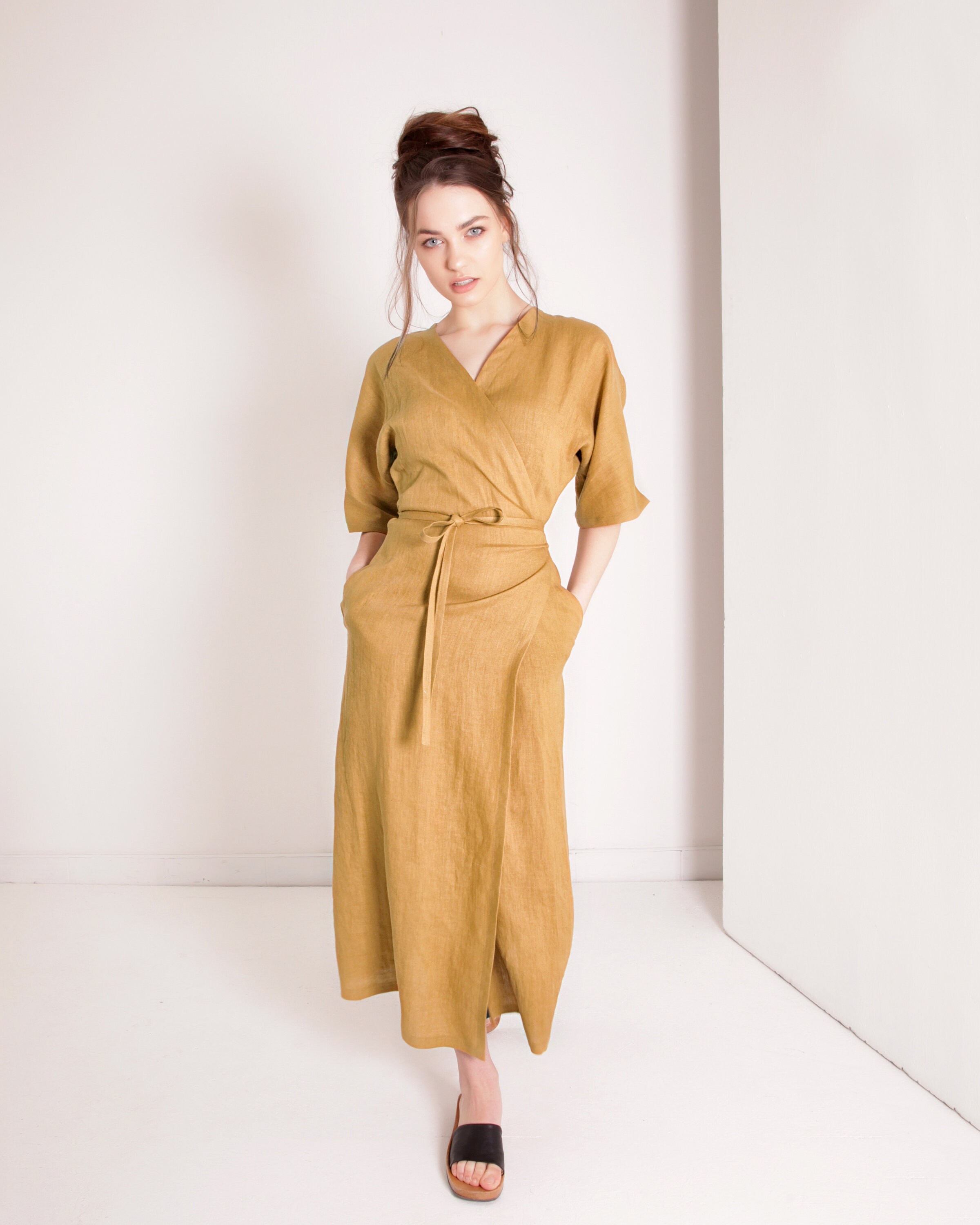 long sleeve linen wrap dress