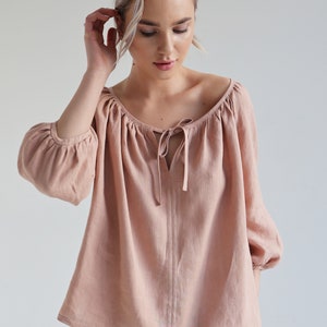 Scoop Neck Linen Top BLOOM, Elbow Sleeves Linen Top, Linen Blouse With ...