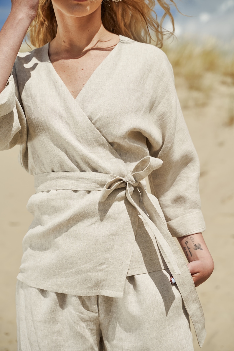 Linen wrap top ROMA, Linen blouse, Linen tops for woman, Linen wrap kimono blouse, Wrap linen clothing, Elbow sleeves linen blouse image 4