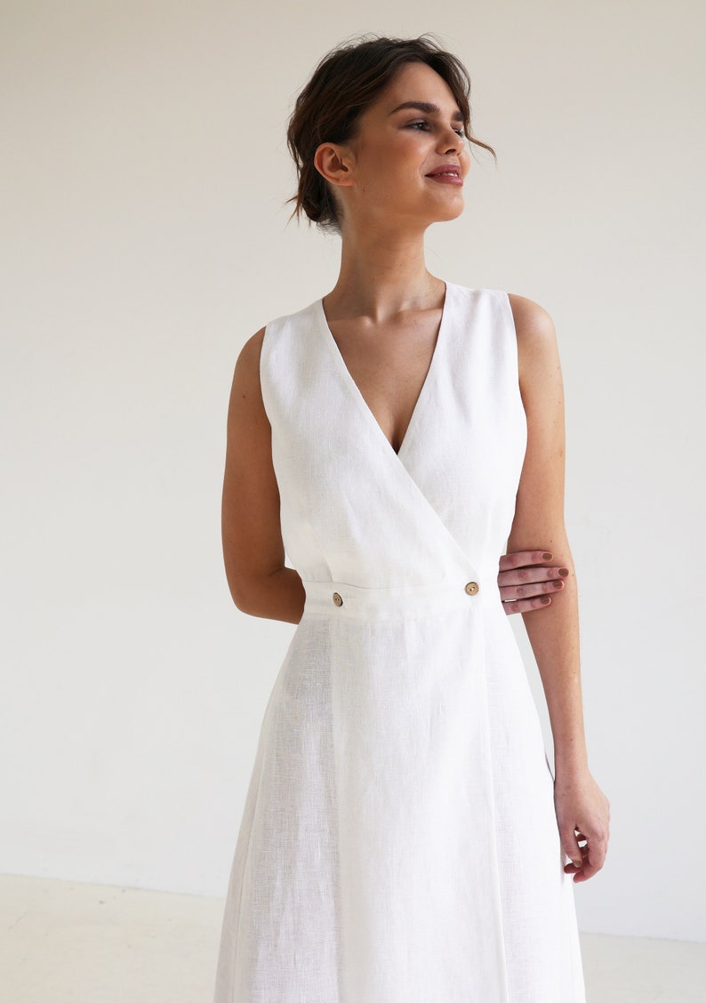 Robe maxi en lin RIVIERA, Robe longue sans manches, Robe portefeuille en lin blanc, Robe portefeuille, Robe en lin, Robe d'été, Robe en lin naturel image 3