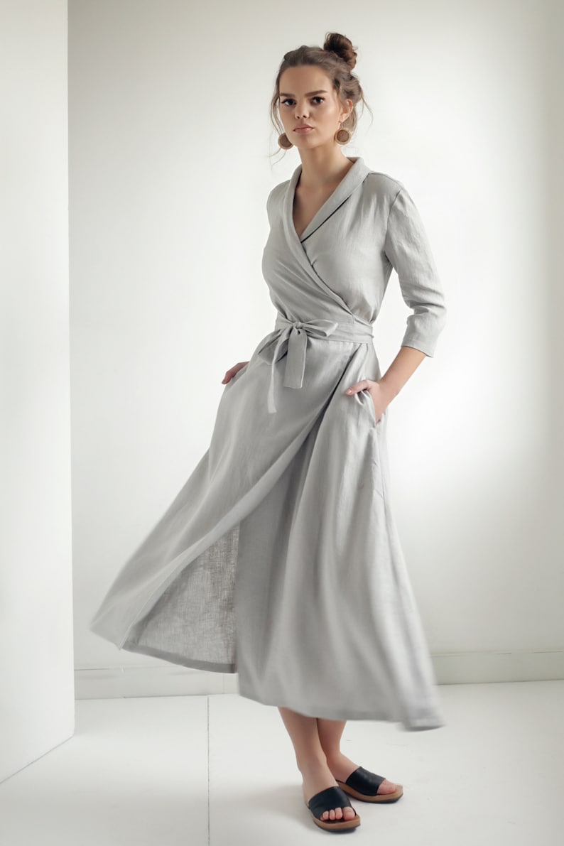 Linen dress MARLENA with shawl collar, Wrap maxi dress, Long linen dress for woman, Vintage inspired linen dress, Linen clothing for woman Light Gray