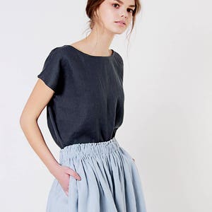 Linnen rok MARGO, Midi rok, Ruffle rok, Blauwgrijze linnen rok, Ruffle linnen rok met zakken, Linnen midi rok afbeelding 3