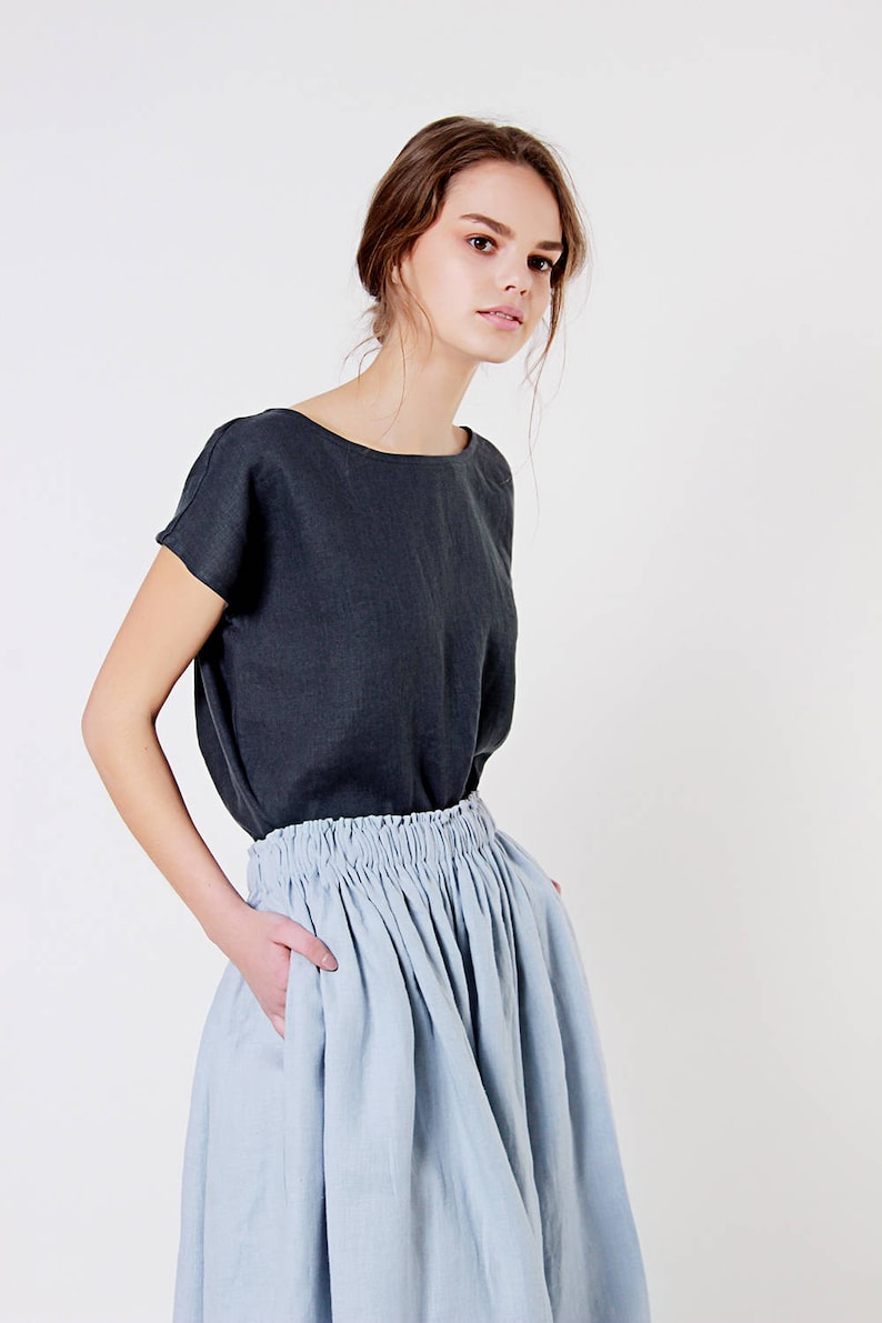 Linen skirt MARGO, Midi skirt, Ruffle skirt, Bluish grey linen skirt, Ruffle linen skirt with pockets, Linen midi skirt image 3