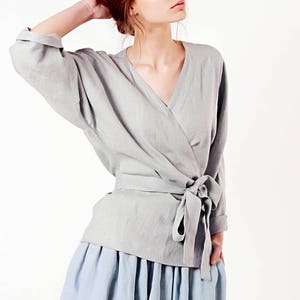 Linen wrap top ROMA, Linen blouse, Linen tops for woman, Linen wrap kimono blouse, Wrap linen clothing, Elbow sleeves linen blouse image 8