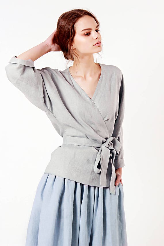 Linen Wrap Top Grey Linen Top Linen Tops for Woman Linen Etsy