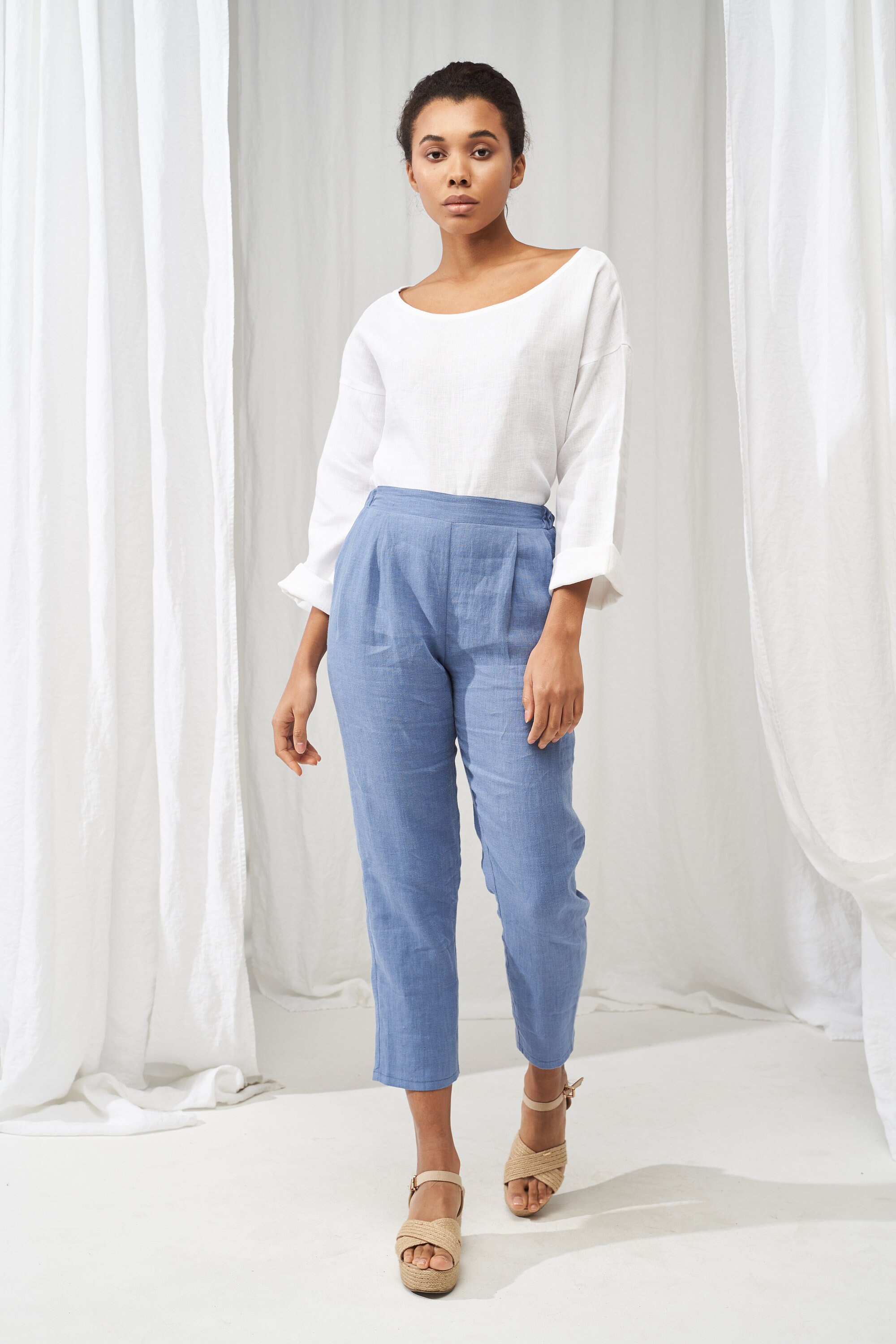 Relaxed linen boat neck top BRUNO, Long sleeve linen blouse, White linen shirt, Linen shirt for woman, Loose linen top, White linen blouse