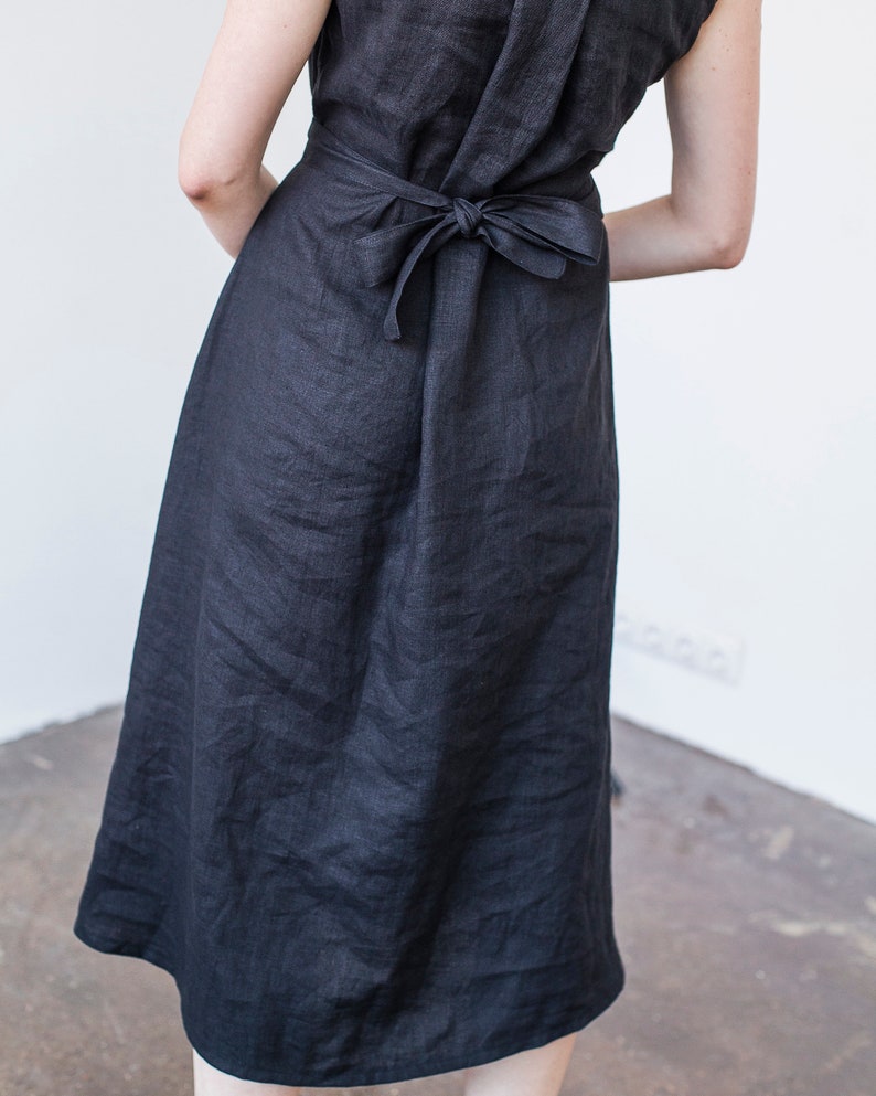 Linen A line dress CHLOE, Long linen dress, Black linen dress, Dress with belt image 4