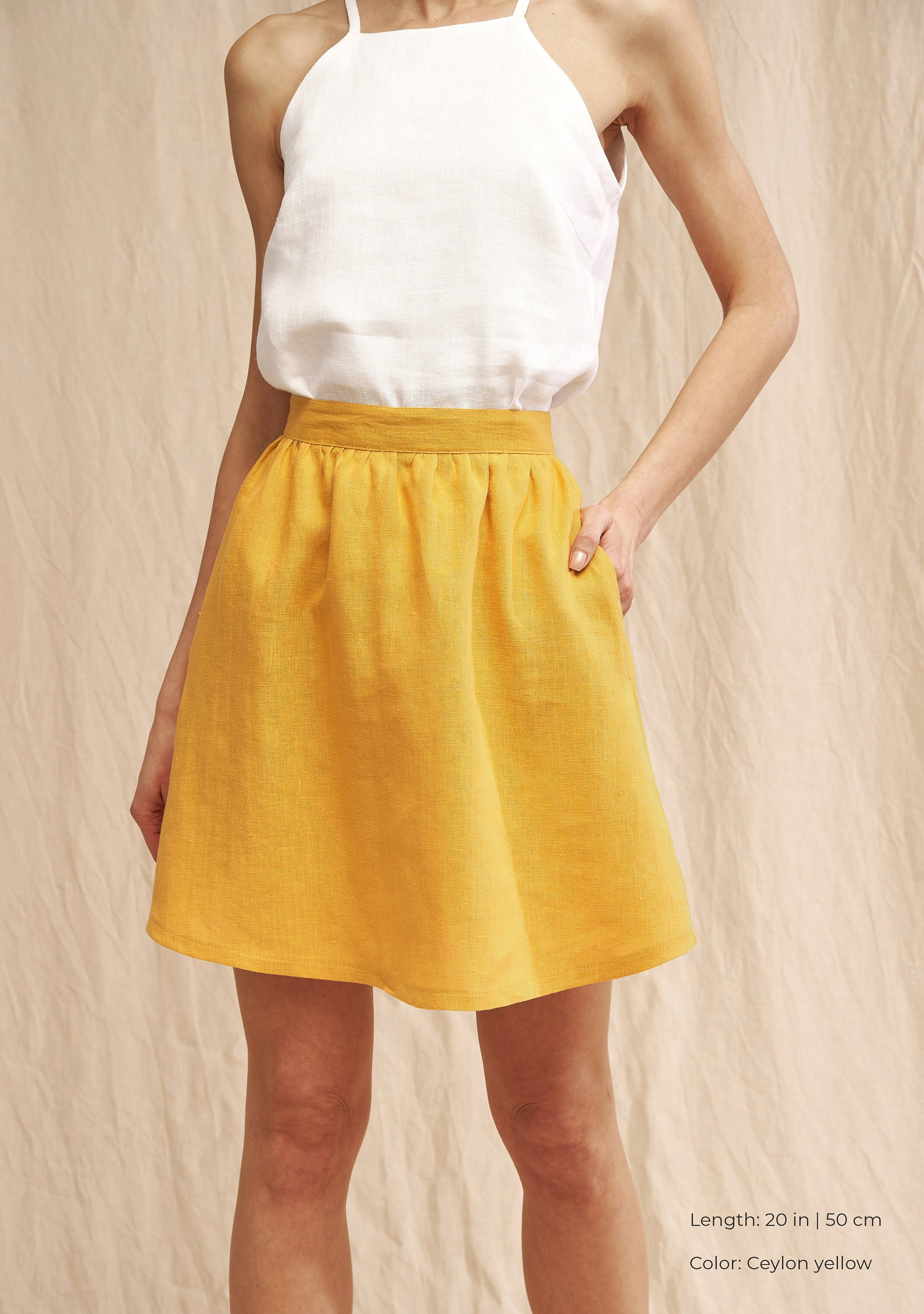 Ruffle Waist Linen Skirt Shay Handmade Midi With Pockets