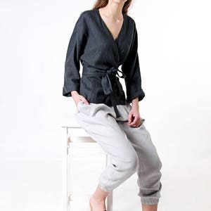 Linen blouse ROMA, Charcoal linen wrap top, Kimono linen top, Linen tops for woman, Linen wrap, Linen kimono blouse, Wrap linen clothing image 2