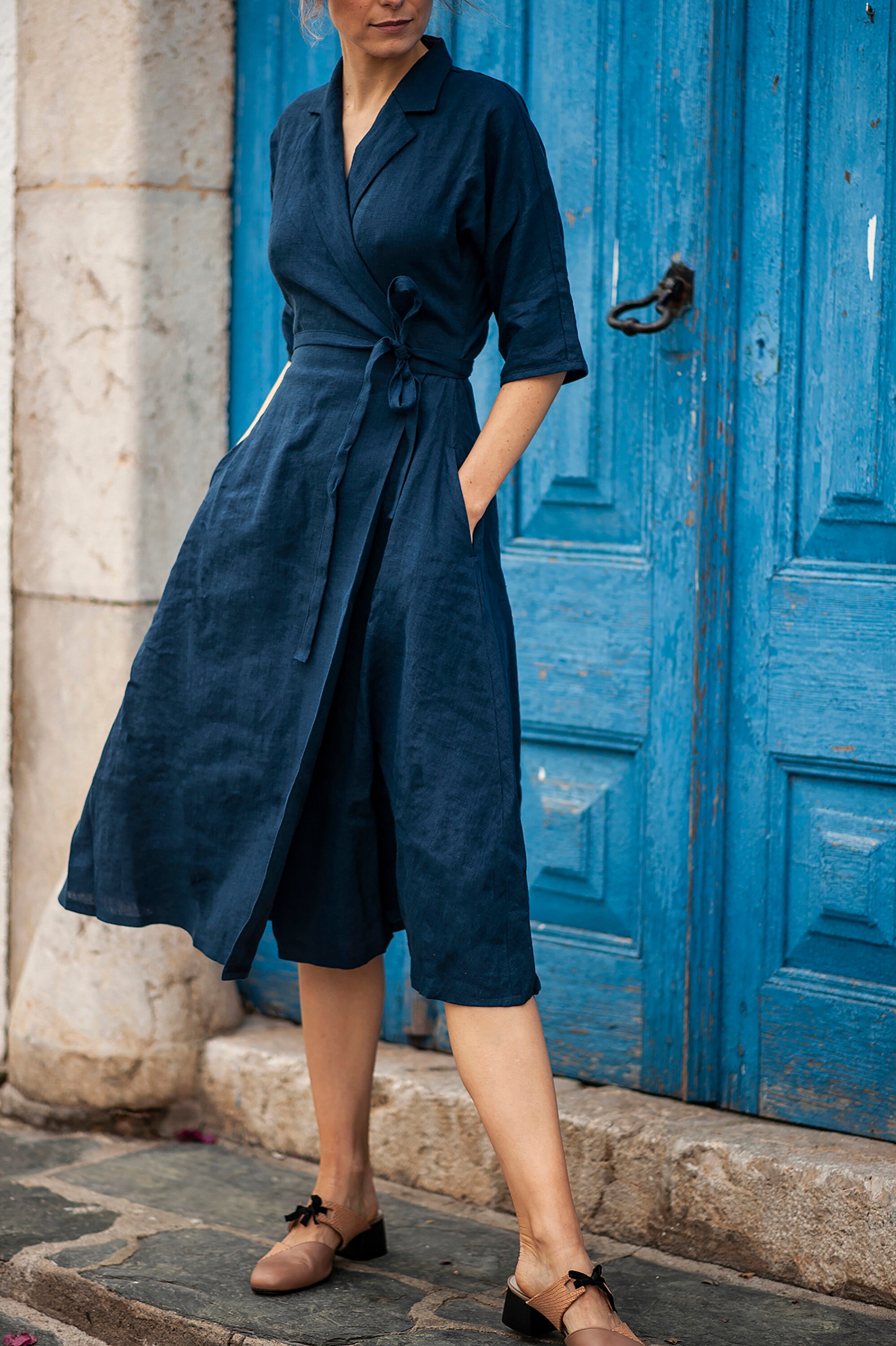 Linen Wrap Dress ATHENA: Navy Blue Midi Dress with Shawl Collar