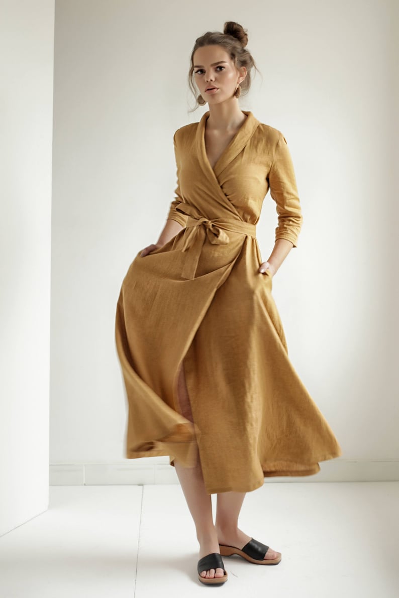 Linen Dress With Shawl Collar, Wrap ...