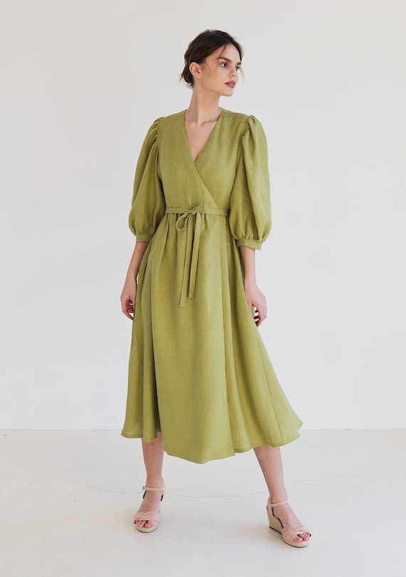 Puff Sleeves Wrap Linen Dress VERONA, Romantic Dress, A Line Dress With  Puff Sleeves, Flowy Linen Summer Dress, V Neck Dress for Woman - Etsy Israel