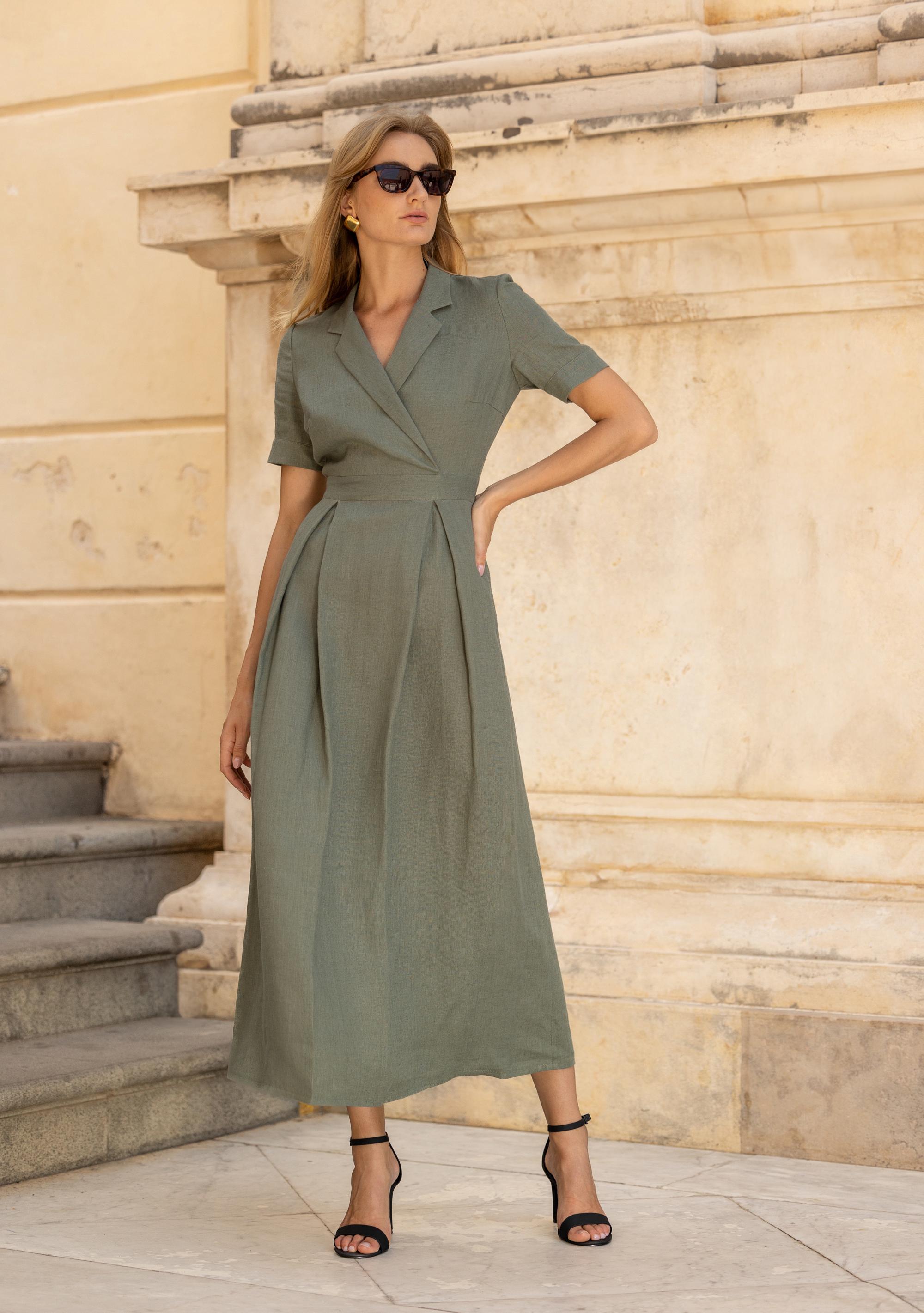moss green linen dress Linen Mini Wrap Dress Jane