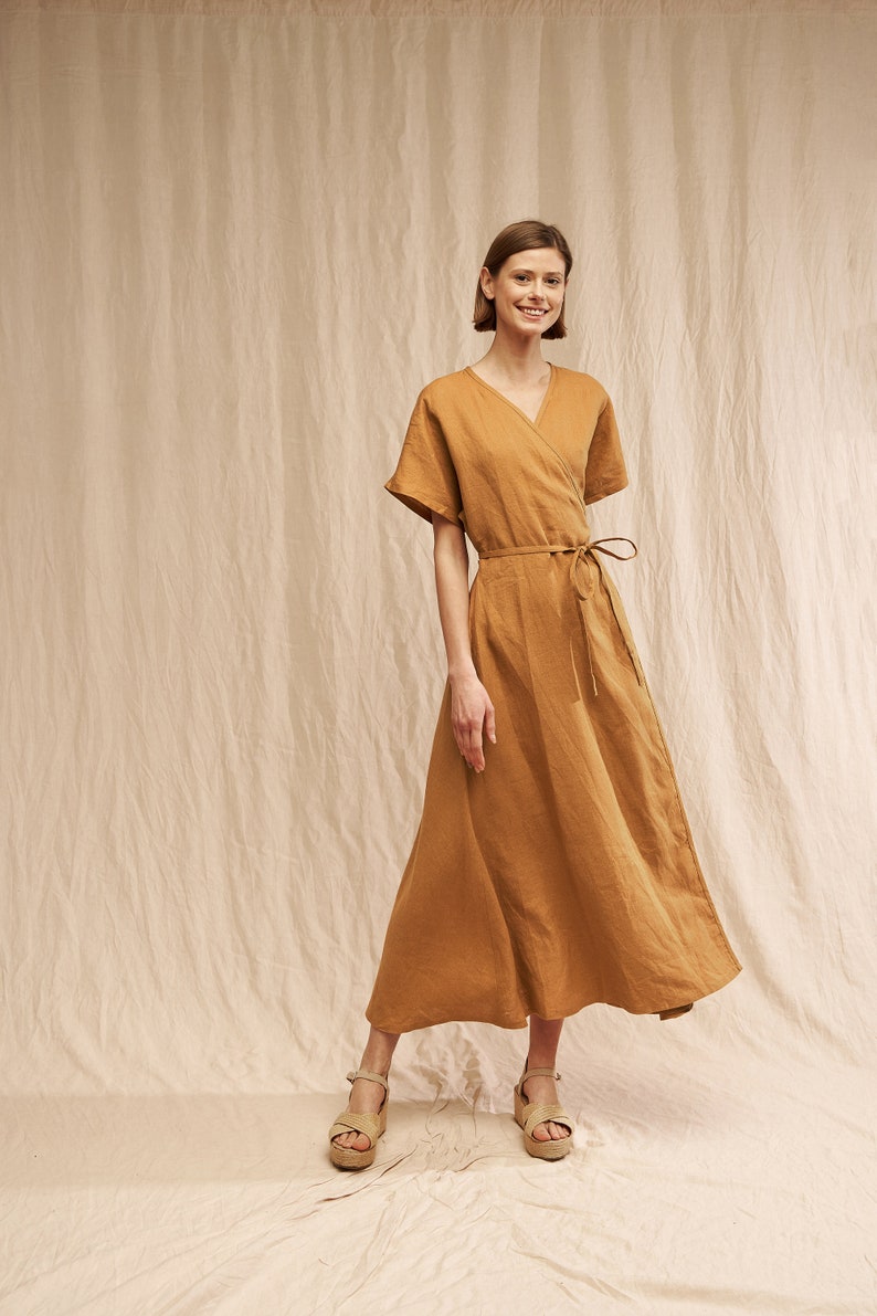 Wrap maxi dress DELILAH, Natural linen dress, Linen kimono dress with belt Mustard