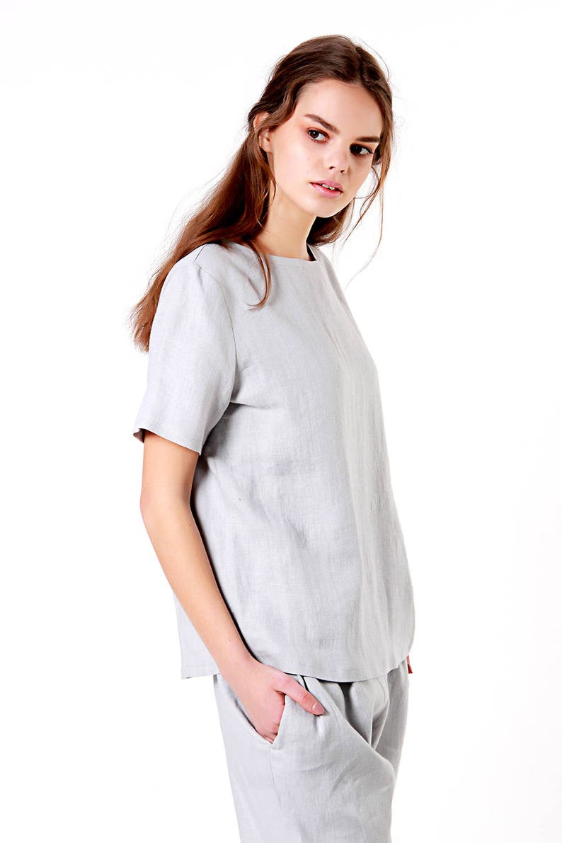 Linen shirt YUNA, 27 colors, Linen shirt short sleeves, Casual linen shirt, Loose linen top, Natural linen shirt, Grey linen top image 3