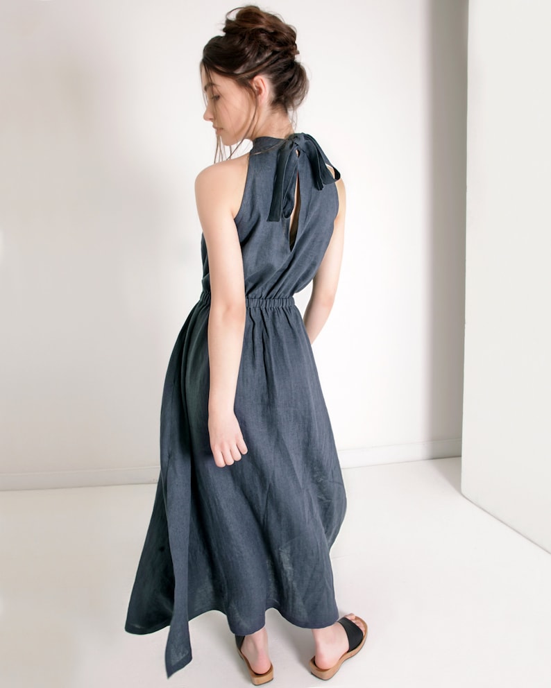 Maxi linen high neck dress ALICIA, Long linen dress with pockets, Elegant linen a line dress, Maxi bridesmaid dress, Occasion dress image 4