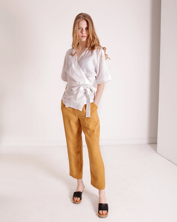 Wrap Linen Blouse Short Sleeves DENISE Linen Wrap Top Kimono | Etsy