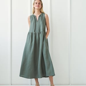 Long Linen Dress AYLIN Loose Linen Dress With Tie Neck - Etsy