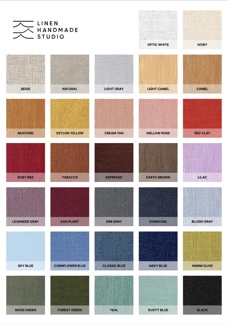 May include: A color chart of 25 linen fabric swatches. The swatches are arranged in a grid of five rows and five columns. The colors include beige, natural, light gray, light camel, camel, mustard, ceylon yellow, cream tan, mellow rose, red clay, ruby red, tobacco, espresso, earth brown, lilac, levander gray, egg plant, dim gray, charcoal, bluish gray, sky blue, cornflower blue, classic blue, navy blue, warm olive, moss green, forest green, teal, dusty blue, and black.