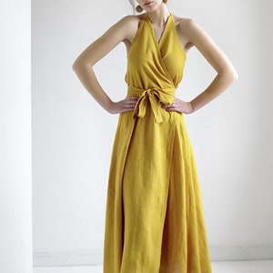 Long linen halter dress JOSEPHINE, Linen wrap dress, Summer linen dress, Natural linen dress, Wrap dress, Halter dress, Maxi dress Ceylon Yellow