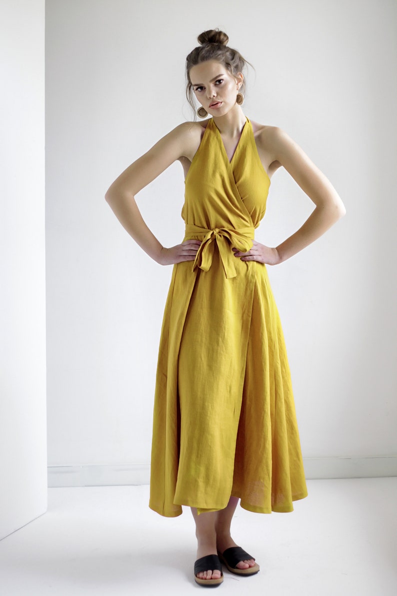 Long linen halter dress JOSEPHINE, Linen wrap dress, Summer linen dress, Natural linen dress, Wrap dress, Halter dress, Maxi dress Ceylon Yellow