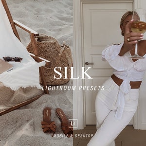 May include: A set of Lightroom presets called "SILK" for mobile and desktop. The image shows a woman in a white top and white pants holding a glass of wine. The background is a white kitchen with a door and a white cabinet.