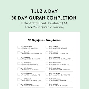 May include: A printable checklist for tracking 30 days of Quran reading, with a check box for each day and the corresponding Juz number and name. The title is "30 Day Quran Completion" and the subtitle is "1 Juz a Day".