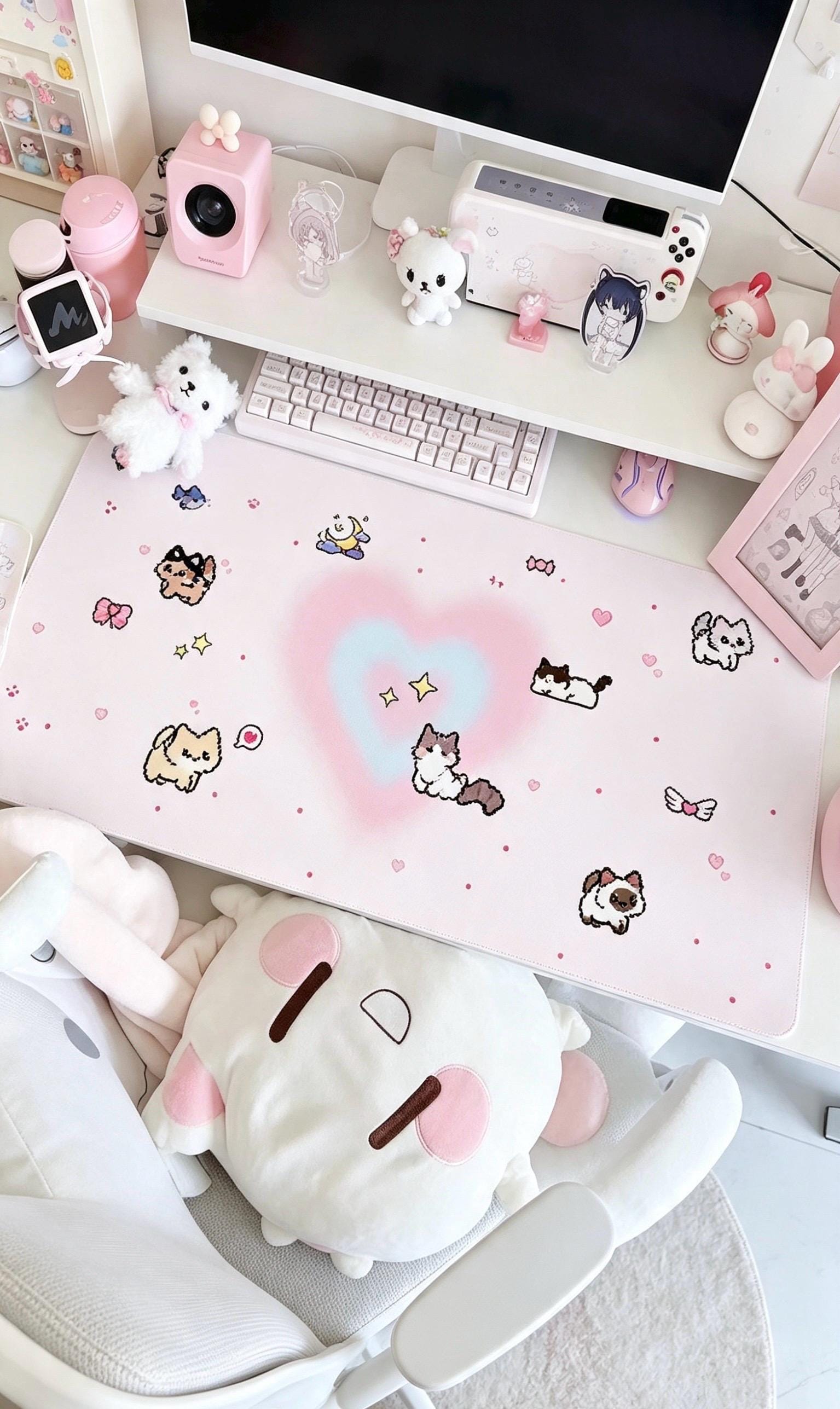 Kawaii Bunny & Cat Desk Mat, Cute Waterproof Desk Pad, Pastel Kawaii Office Accessory, Gift for Her