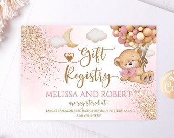 Editable Girl Pink Bear Gift Registry Card, Printable Hot Air Balloon Baby Shower Gift Registry Card Gold Girl Bear Balloons Gift Registry